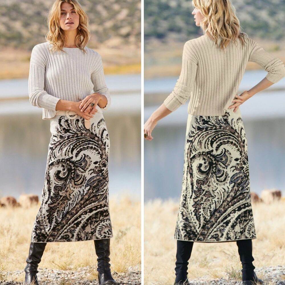 Peruvian Connection ALAMEDA Pima Cotton Midi Skirt Size S Ivory Black Paisley